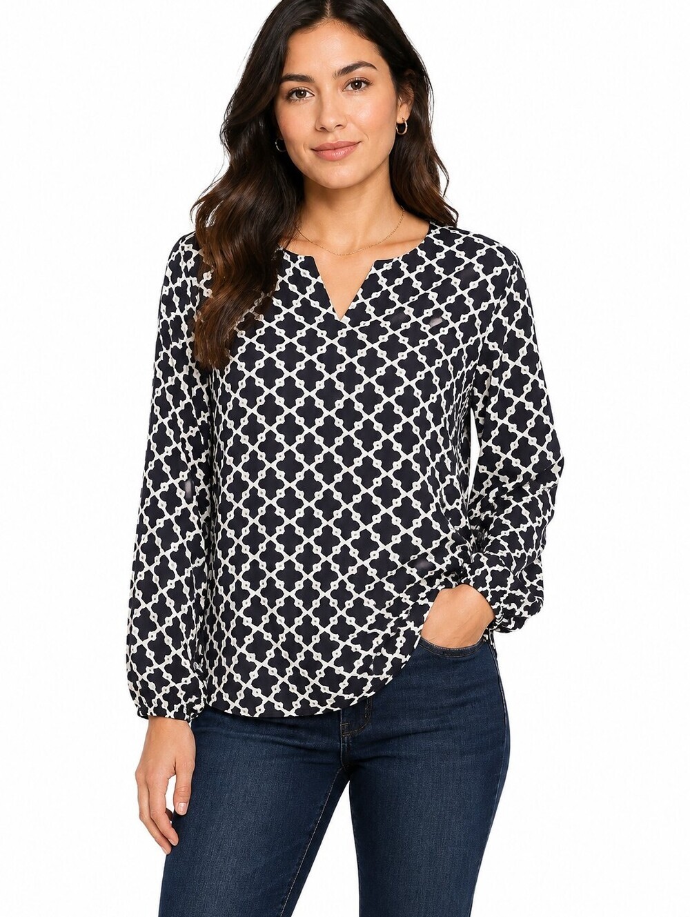 Escapada Women's Black White Pattern Design Long Sleeve Blouse Size XS